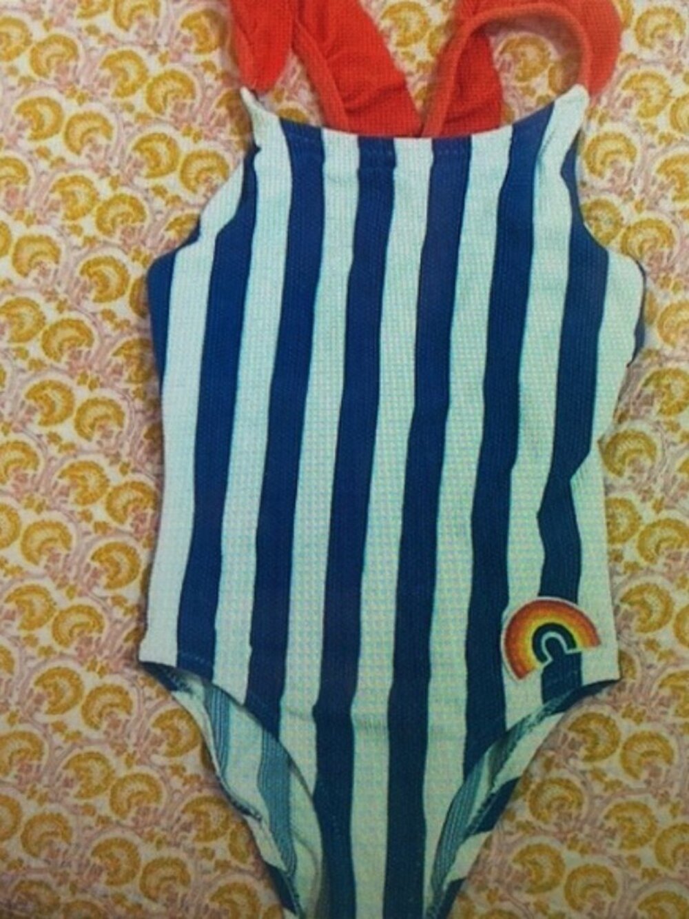 Girls Blue & White Striped One-Piece Swimsuit with Rainbow Patch